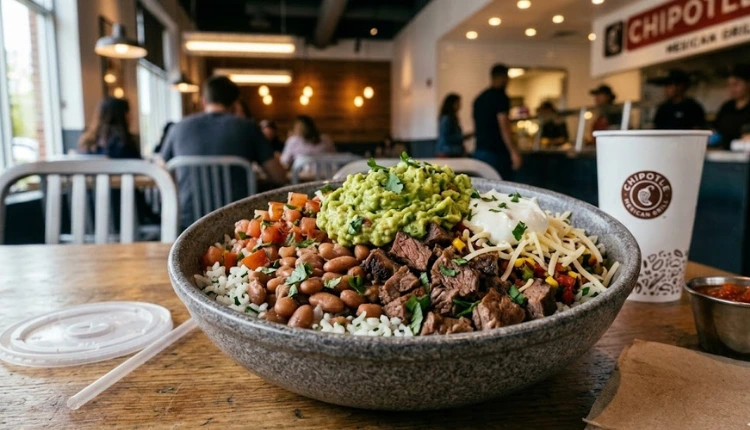 Chipotle bowl loaded with rice, chicken, beans, guacamole and salsa