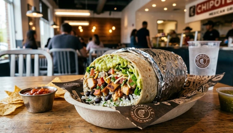 Chipotle burrito wrapped tightly in foil with filling visible