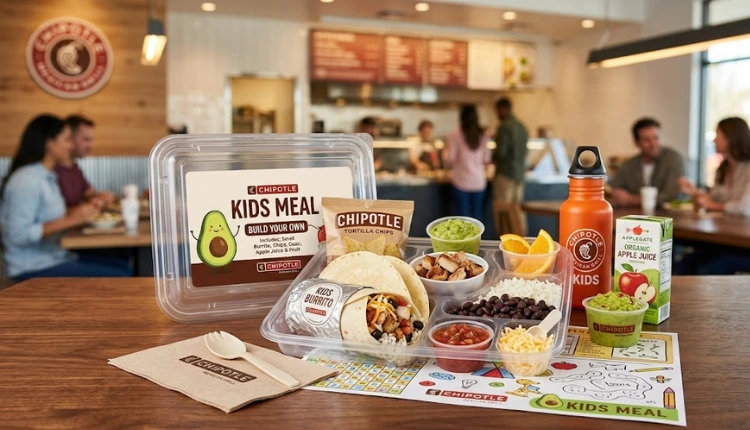 Chipotle kids meal with small tacos, chips and fruit on the side