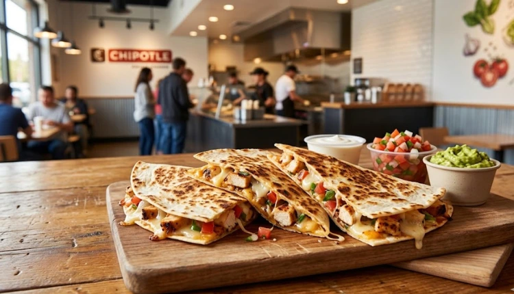 Chipotle quesadilla cut into triangles with cheese filling