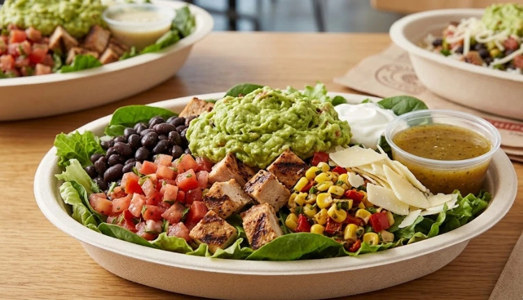 Fresh Chipotle salad bowl with romaine lettuce and grilled chicken