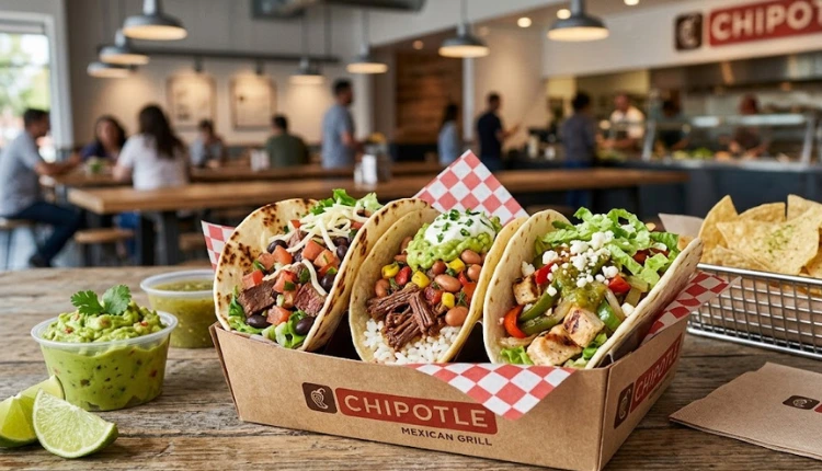 Three Chipotle tacos with crispy corn shells and fresh toppings
