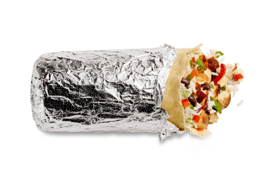 Chipotle burrito wrapped in foil with visible filling