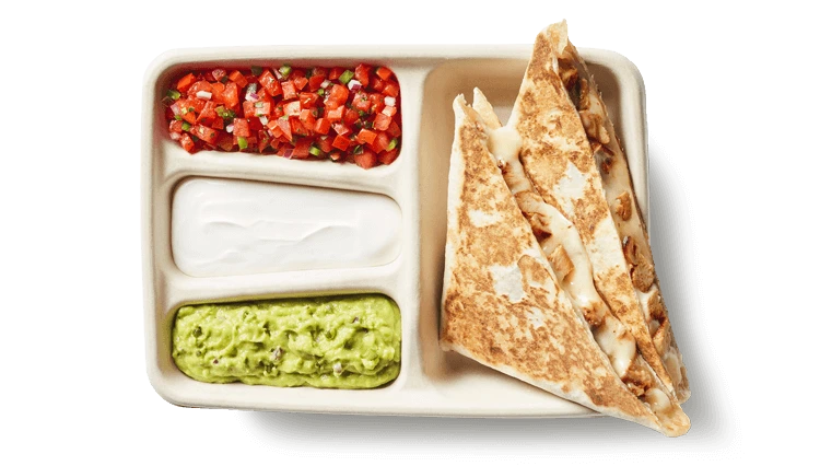 Chipotle quesadilla with sides of salsa, sour cream and guacamole