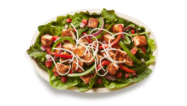 Chipotle salad with romaine lettuce, protein and toppings